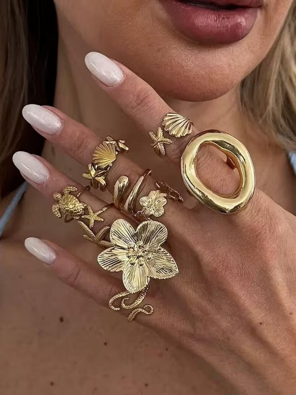 Gold Chunky Rings Flower Shell Starfish Ring Set Boho Stackable Adjustable 